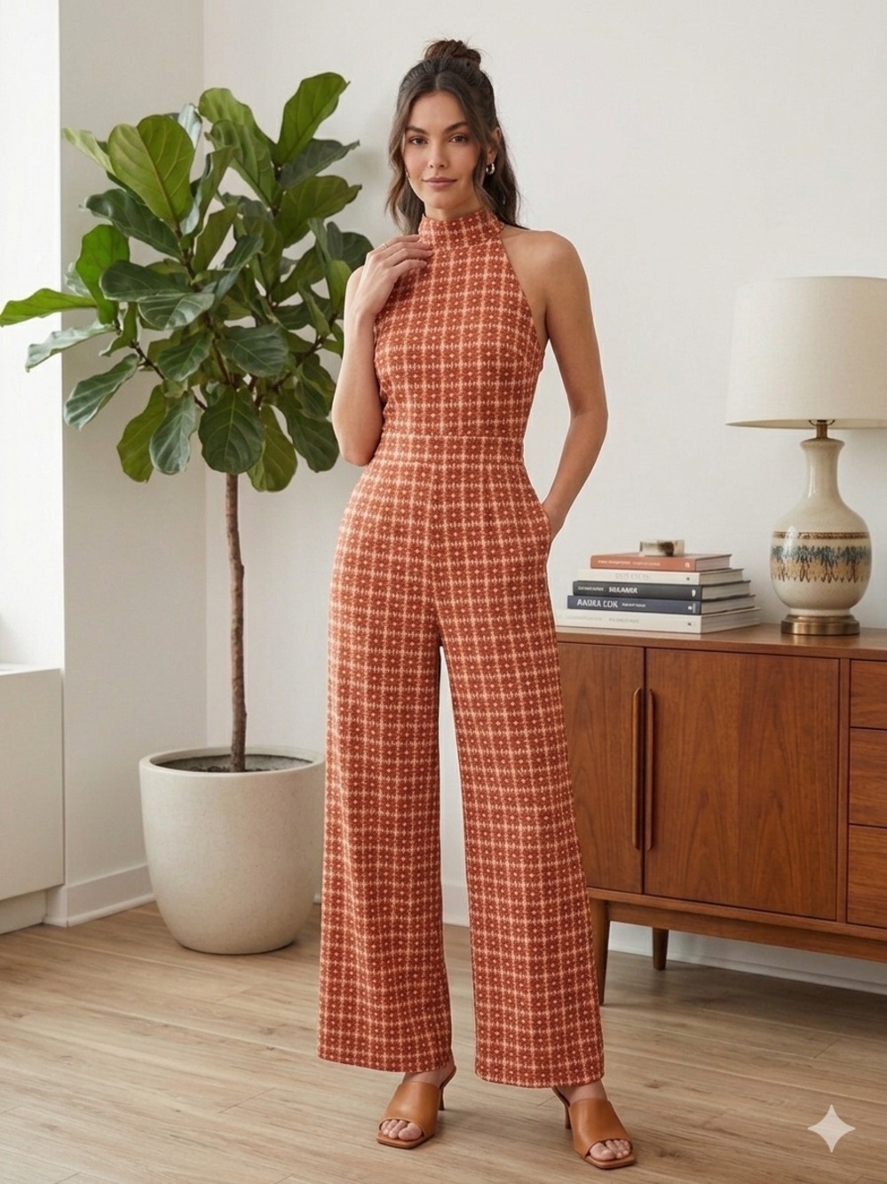 Free People Rust Plaid Tie-Back Wide-Leg Jumpsuit - Picture 2 of 10